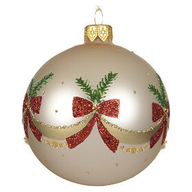 Beige pearl blown glass Christmas bauble with golden garland and red bows 8 cm