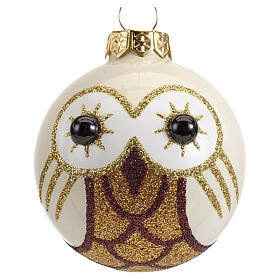 Glass Christmas ball from the Bosco collection, beige, brown and white with owl, assorted colours, 2.5 in