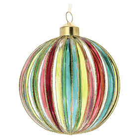 Boule de Noël verre transparent 10 cm rayures multicolores style vintage