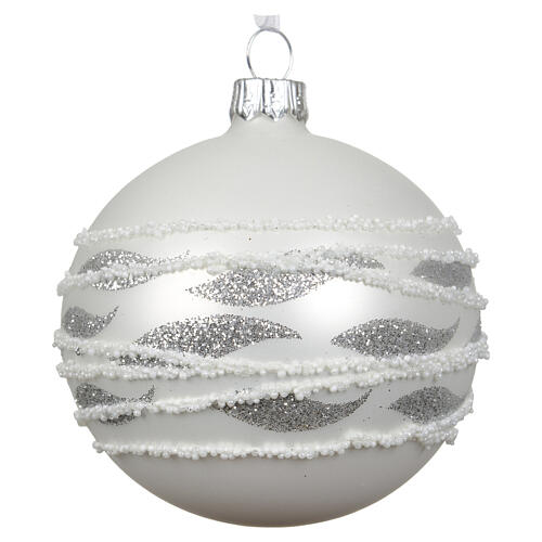 Weihnachtsbaumkugel aus Glas Blau und Weiß mit silberfarbenem Wellendekor Linie Vintage 8 cm 3
