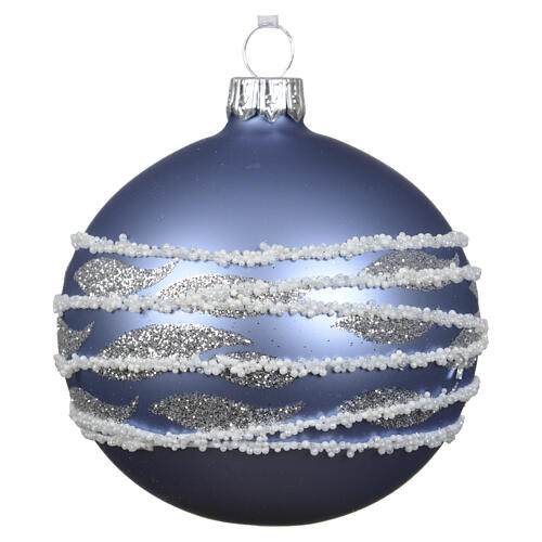Weihnachtsbaumkugel aus Glas Blau und Weiß mit silberfarbenem Wellendekor Linie Vintage 8 cm 4