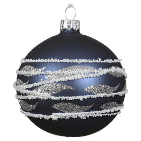 Blue and white blown glass Christmas tree bauble with silver wave decoration, vintage line, 8 cm