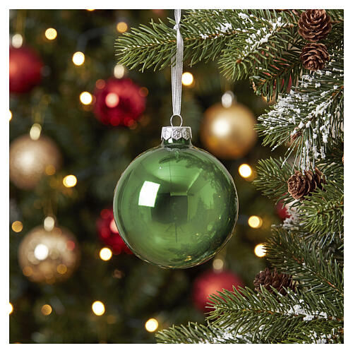 Bright glossy green glass Christmas bauble, 3 in 2