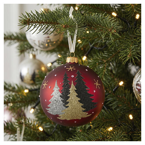 Red blown glass Christmas ball with decorated fir trees 100 mm 2