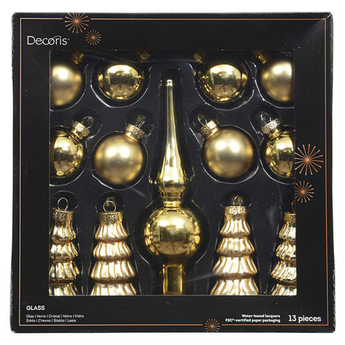 Set cimier et décorations pour sapin en verre doré, assortiment 13 pcs 4