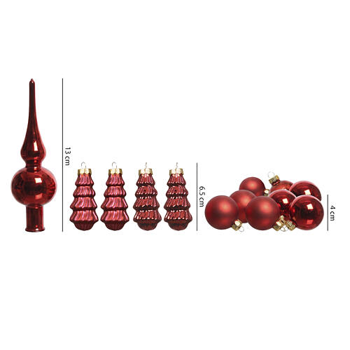 Set of red glass Christmas decorations with balls, trees and tree topper, 13 pieces 3