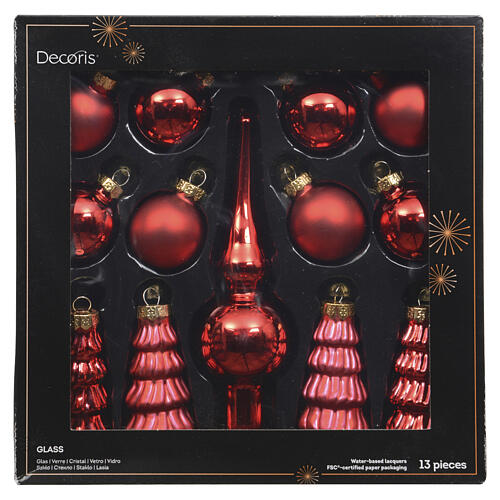 Set of red glass Christmas decorations with balls, trees and tree topper, 13 pieces 4