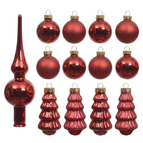 Boîte 13 pcs décorations de Noël en verre rouge avec boules, sapins et cimier 1