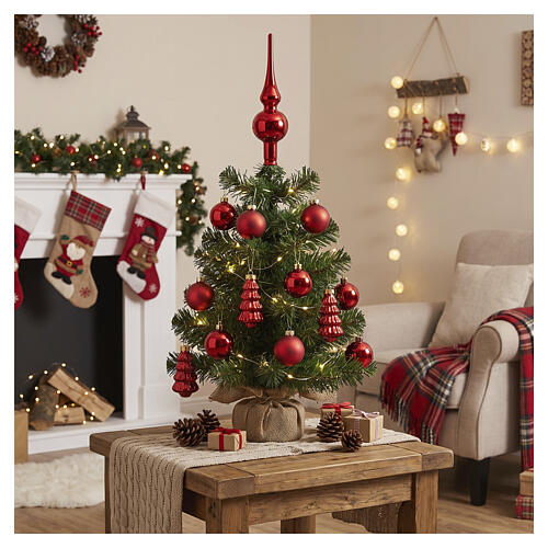 Boîte 13 pcs décorations de Noël en verre rouge avec boules, sapins et cimier 2