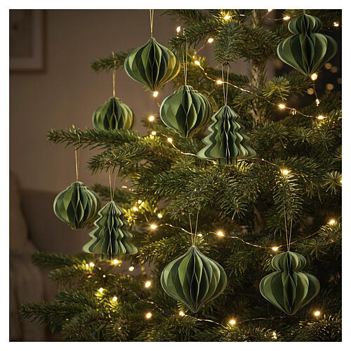 Décoration de Noël 8 cm en papier 100% FSC, assortiment de 4 modèles verts avec paillettes dorées 2
