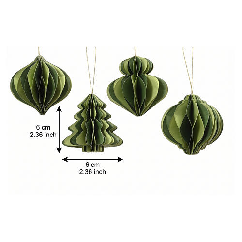 Décoration de Noël 8 cm en papier 100% FSC, assortiment de 4 modèles verts avec paillettes dorées 3