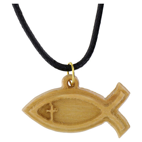 Collana Ichthys con croce legno d'olivo Terrasanta 3,5x2,5 cm 2