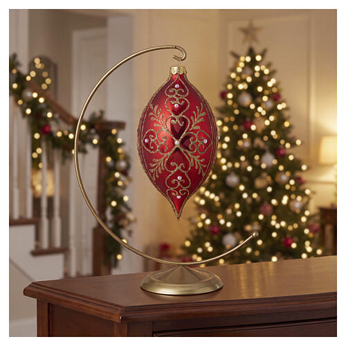 Matte red blown glass elongated teardrop Christmas ornament with floral scrolls, 90 mm 2