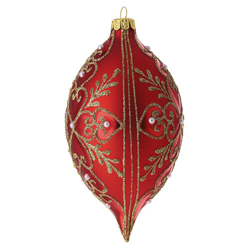 Matte red blown glass elongated teardrop Christmas ornament with floral scrolls, 90 mm 4