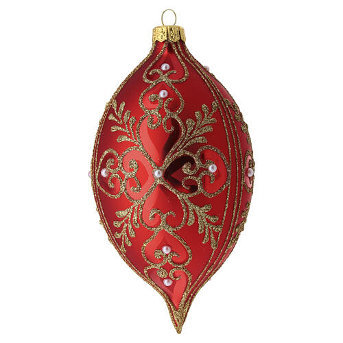 Matte red blown glass elongated teardrop Christmas ornament with floral scrolls, 90 mm 5
