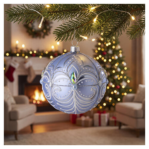 Pallina di Natale in vetro soffiato azzurro con decori argentati 100mm 2