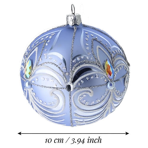 Pallina di Natale in vetro soffiato azzurro con decori argentati 100mm 3