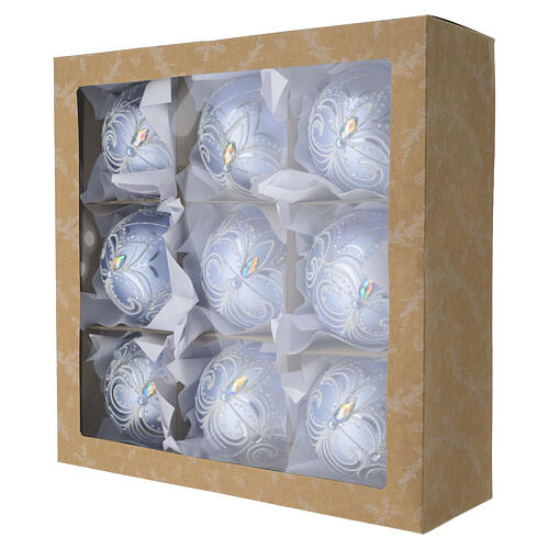 Pallina di Natale in vetro soffiato azzurro con decori argentati 100mm 6