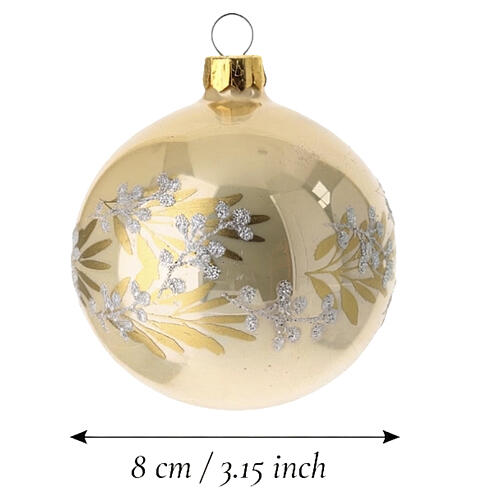 Bola de Natal vidro soprado bege ramos e bagas glíter 80 mm 3