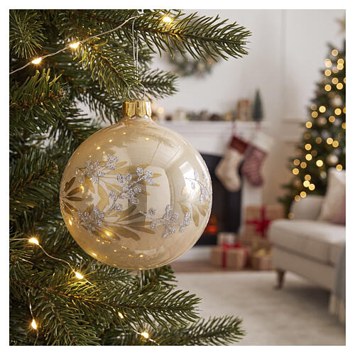 Beige blown glass Christmas ball with branches and glitter berries 8 cm 2