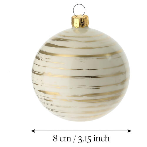 Addobbo natalizio in vetro soffiato bianco con pennellate beige e oro 80mm 3