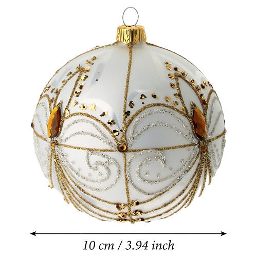 Boule de Noël en verre soufflé blanc, or et argent avec détails ambre 100 mm 3