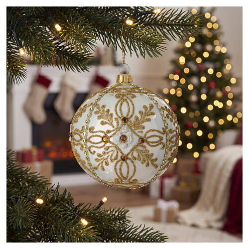 Bola de Natal vidro soprado transparente com decorações douradas e pedras âmbar 100 mm 2