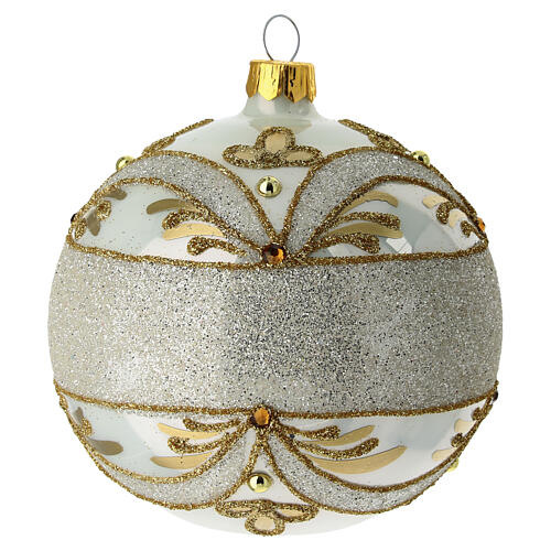 Decorazione natalizia in vetro soffiato bianco fascia glitter argento decori oro 100mm 1