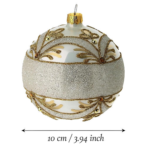 Decorazione natalizia in vetro soffiato bianco fascia glitter argento decori oro 100mm 3
