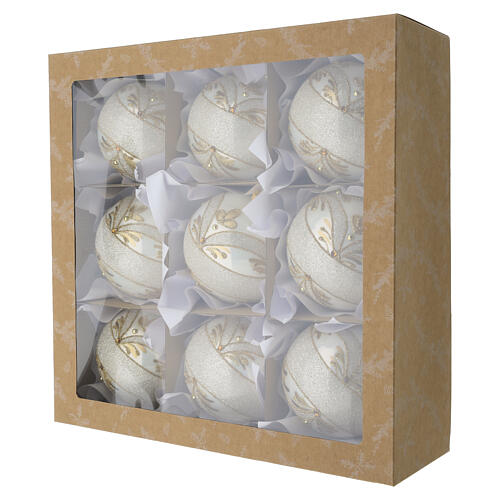 Decorazione natalizia in vetro soffiato bianco fascia glitter argento decori oro 100mm 6