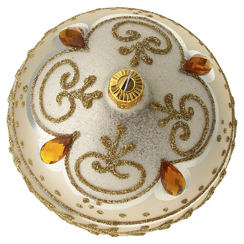 Blown glass Christmas ball, white with gold glitter and amber details, 3.9 in 4