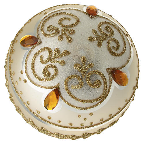 Boule de Noël verre soufflé blanc paillettes or et détails ambre 100 mm 5