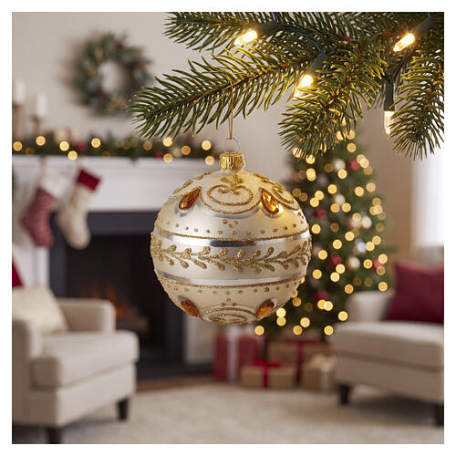 White blown glass Christmas bauble with gold glitter and amber decor 100 mm 2