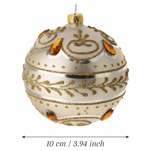White blown glass Christmas bauble with gold glitter and amber decor 100 mm 3