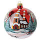 Boule de Noël en verre soufflé rouge avec église enneigée 120 mm s1