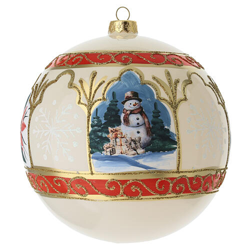 Ivory blown glass Christmas tree ball with poinsettia and snowman, 5.9 ...