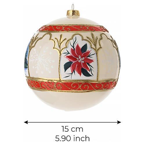 Ivory blown glass Christmas tree ball with poinsettia and snowman, 5.9 in 3
