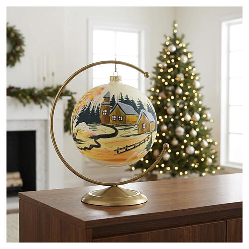 Christmas ball with painted houses and snowy landscape, blown glass, 5.9 in 2