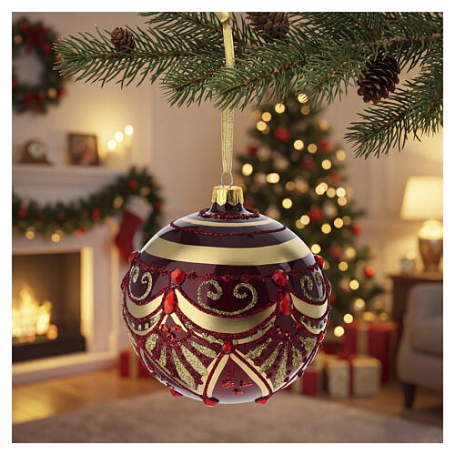 Burgundy blown glass Christmas ornament with gold decorations and red faceted gems, 3.9 in 2