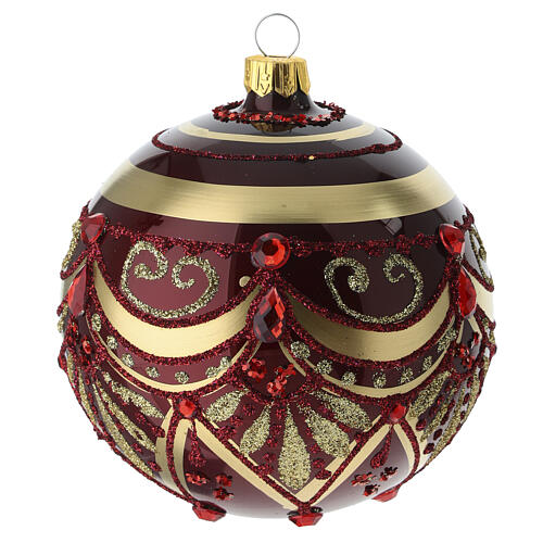 Sfera natalizia in vetro soffiato 100 mm bordeaux con decori oro e gemme rosse 1