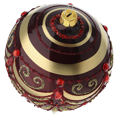 Sfera natalizia in vetro soffiato 100 mm bordeaux con decori oro e gemme rosse 4