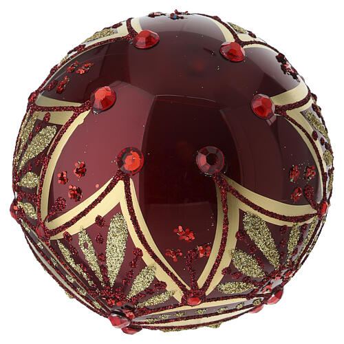 Sfera natalizia in vetro soffiato 100 mm bordeaux con decori oro e gemme rosse 5