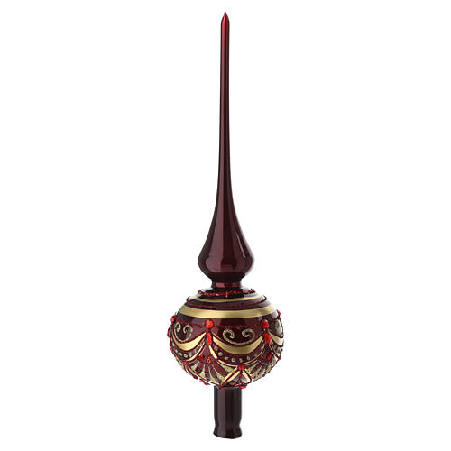 Puntale natalizio in vetro soffiato bordeaux 36 cm con decori oro e rossi 1