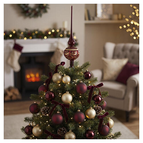 Puntale natalizio in vetro soffiato bordeaux 36 cm con decori oro e rossi 2