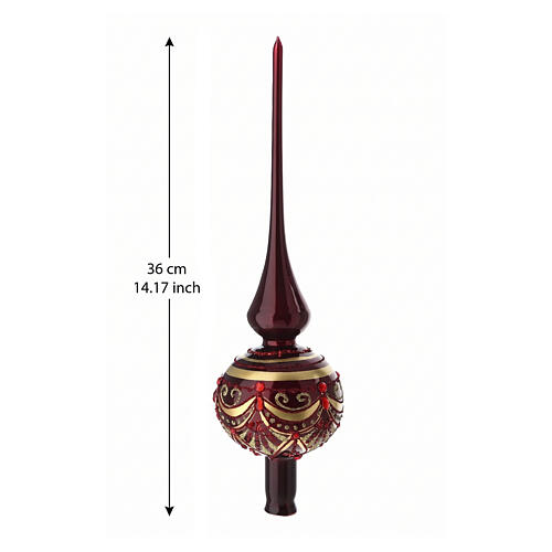 Puntale natalizio in vetro soffiato bordeaux 36 cm con decori oro e rossi 3