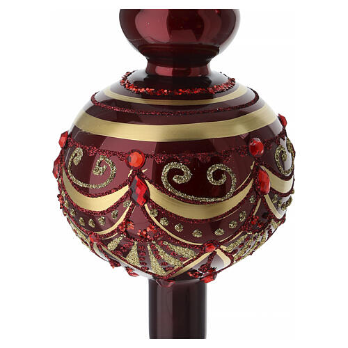 Puntale natalizio in vetro soffiato bordeaux 36 cm con decori oro e rossi 4