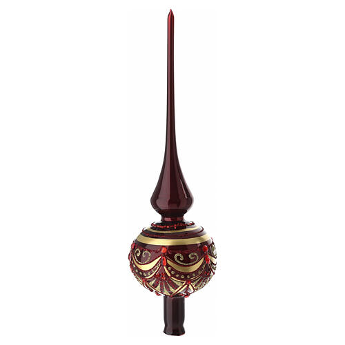 Puntale natalizio in vetro soffiato bordeaux 36 cm con decori oro e rossi 5