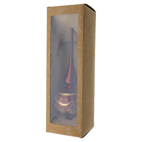 Puntale natalizio in vetro soffiato bordeaux 36 cm con decori oro e rossi 6