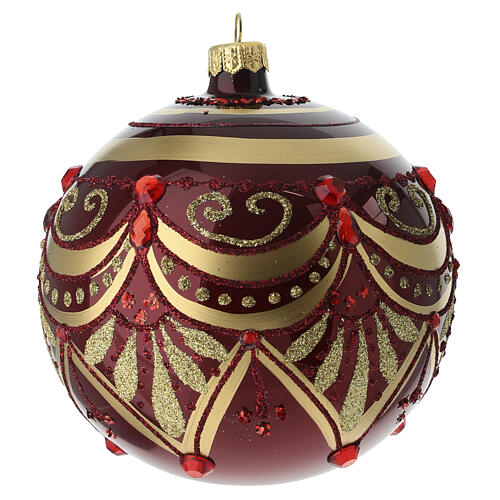 Boule de Noël en verre soufflé 120 mm bordeaux avec décors dorés et gemmes rouges 1