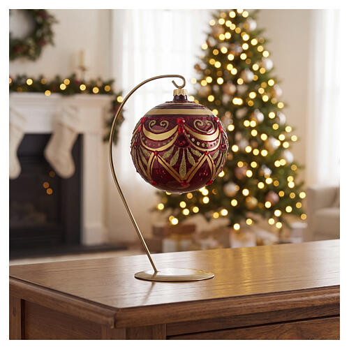Bola de Natal em vidro soprado 120 mm bordô com motivos dourados e gemas vermelhas 2